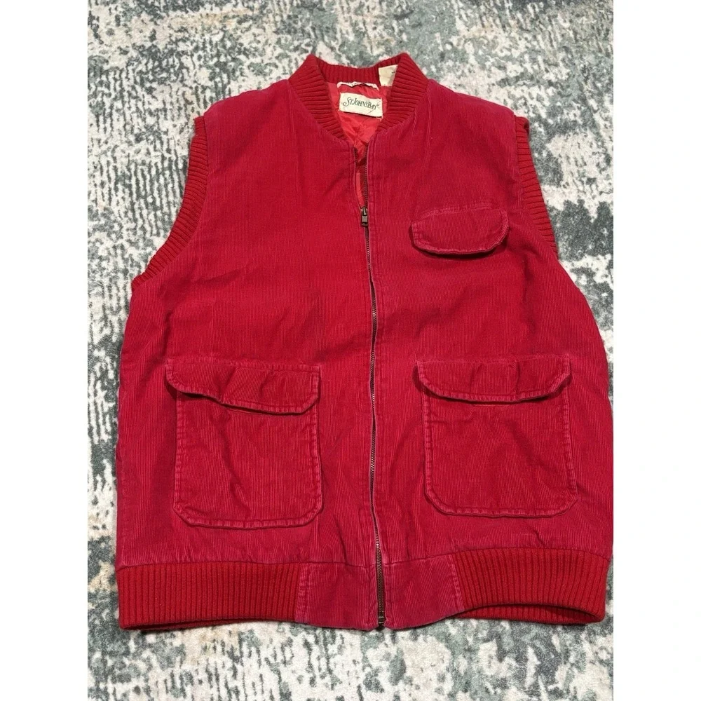 VINTAGE 1980's St. John's Bay Corduroy Vest Jacket Quilt Lined Large Red Zip Up